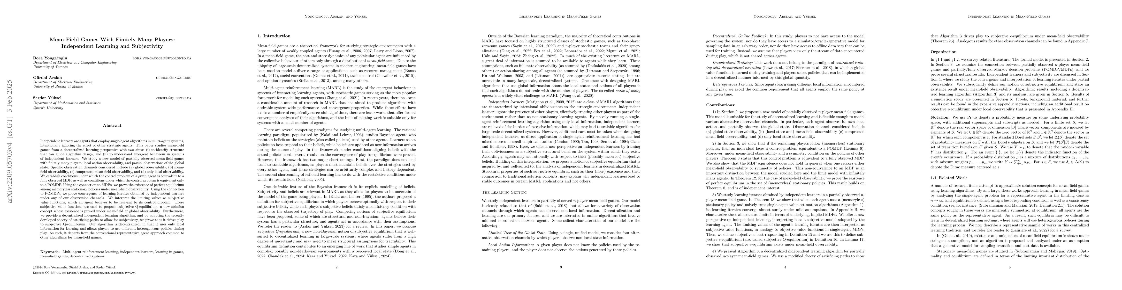 Thumbnail for Independent Learning in Mean-Field Games: Satisficing Paths and
  Convergence to Subjective Equilibria