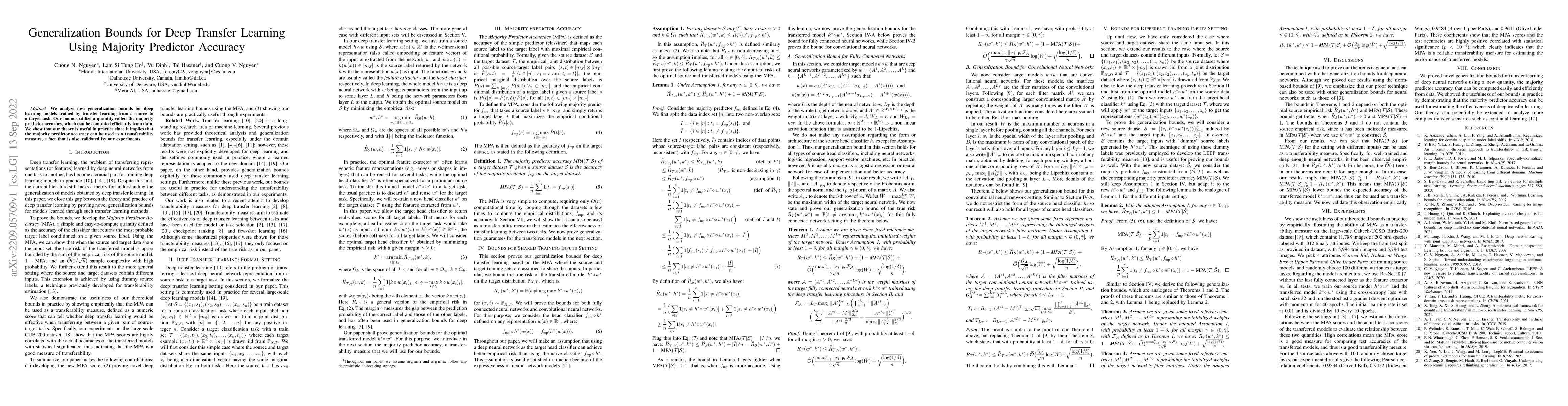Thumbnail for Generalization Bounds for Deep Transfer Learning Using Majority
  Predictor Accuracy