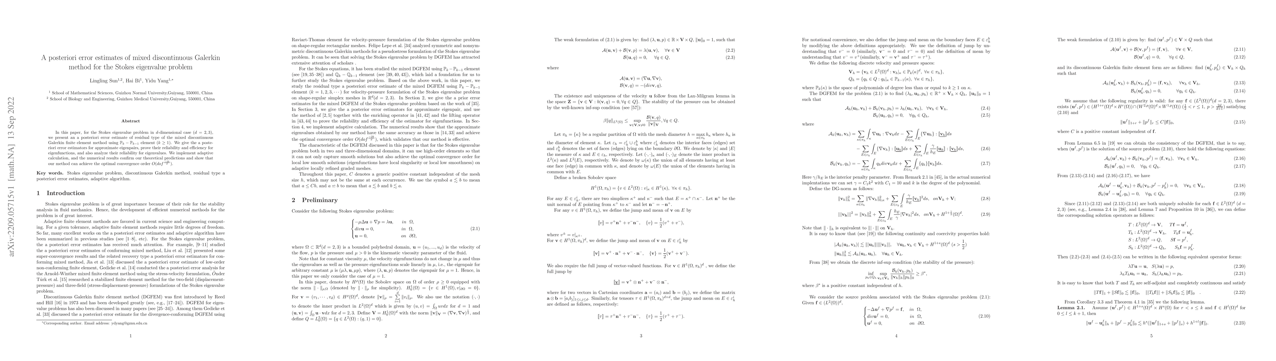 Thumbnail for A posteriori error estimates of mixed discontinuous Galerkin method for
  the Stokes eigenvalue problem
