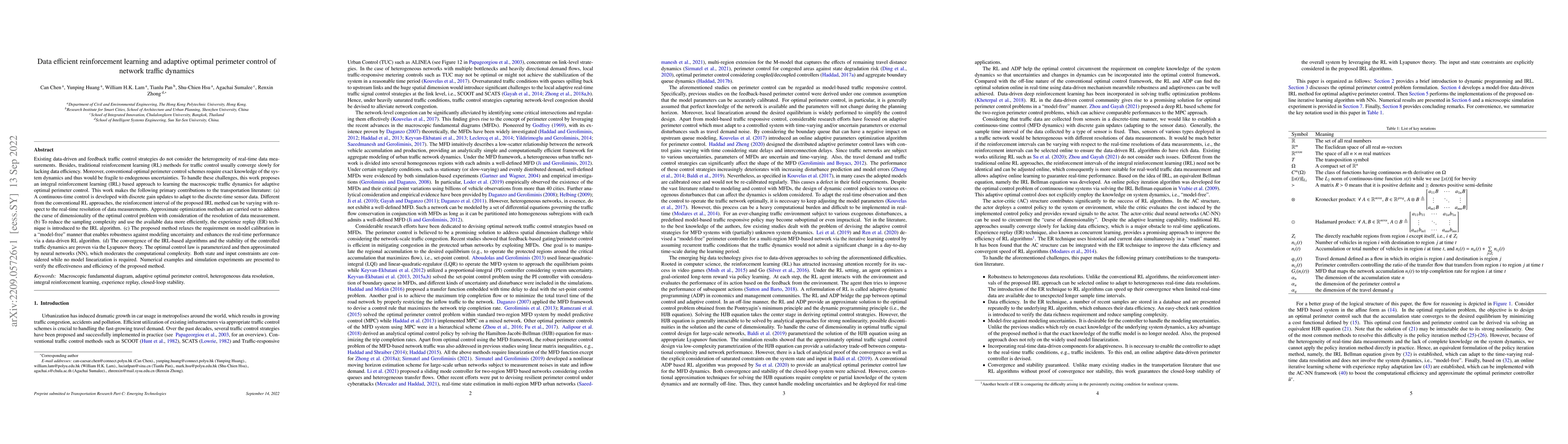 Thumbnail for Data efficient reinforcement learning and adaptive optimal perimeter
  control of network traffic dynamics