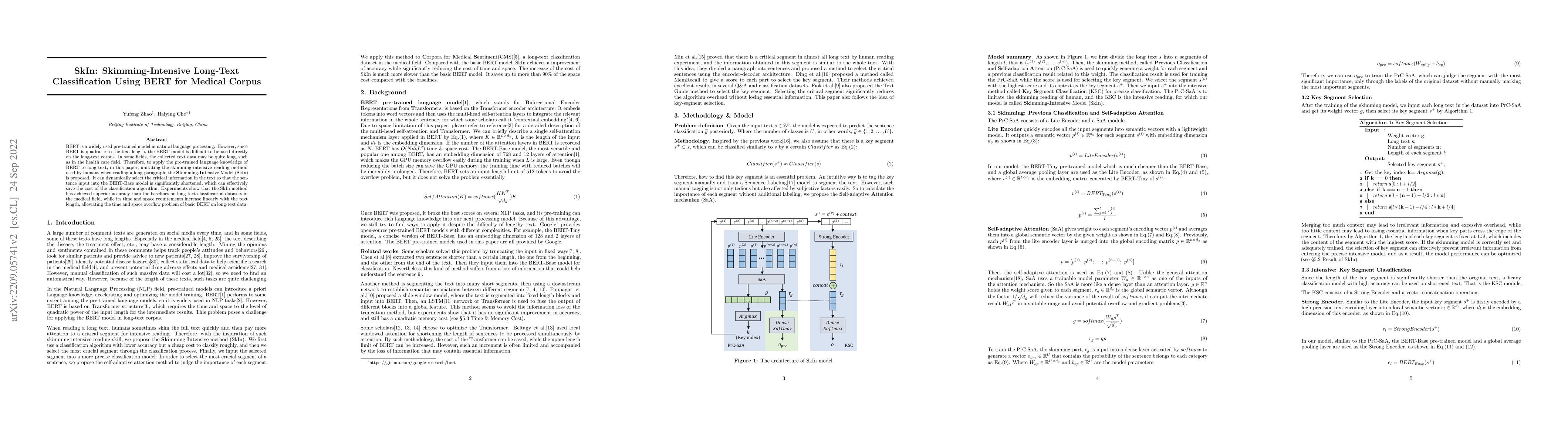 Thumbnail for SkIn: Skimming-Intensive Long-Text Classification Using BERT for Medical
  Corpus