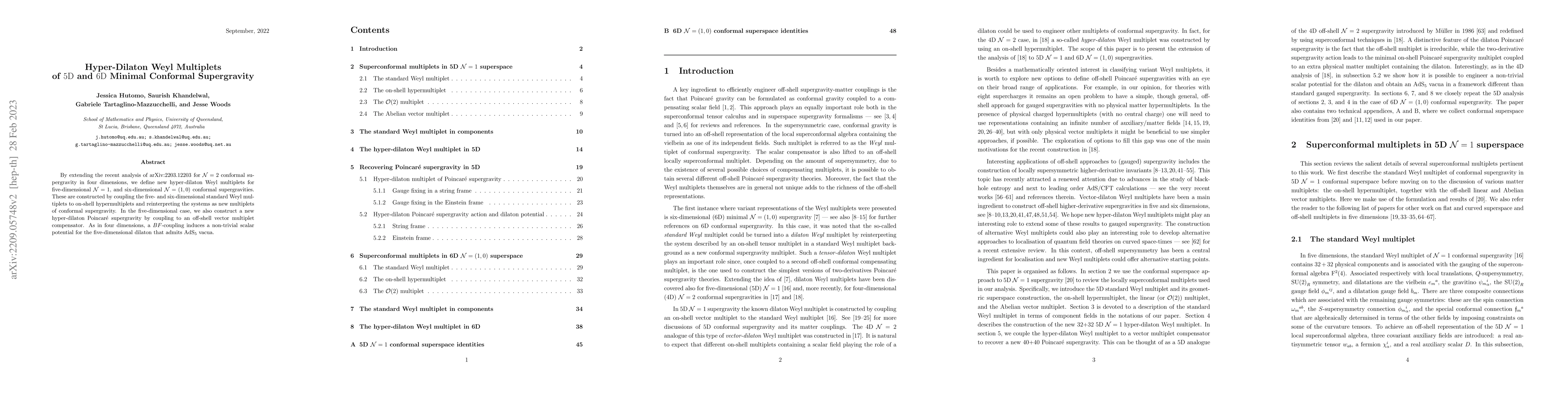 Thumbnail for Hyper-Dilaton Weyl Multiplets of 5D and 6D Minimal Conformal
  Supergravity