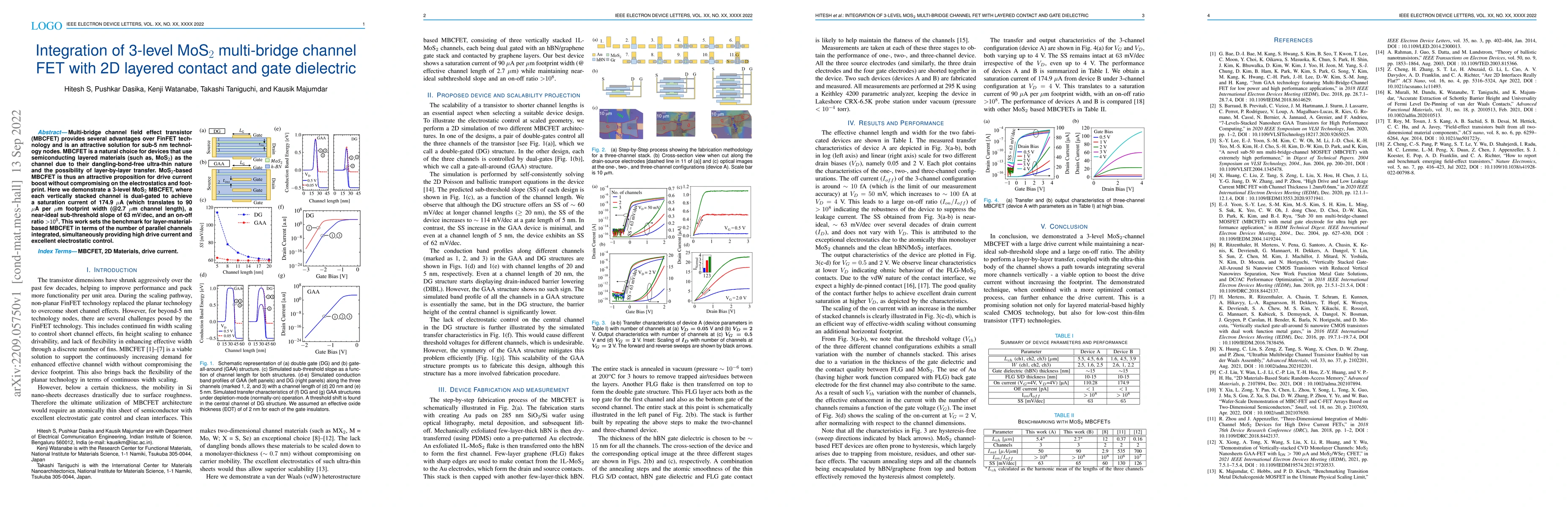 Thumbnail for Integration of 3-level MoS$_2$ multi-bridge channel FET with 2D layered
  contact and gate dielectric