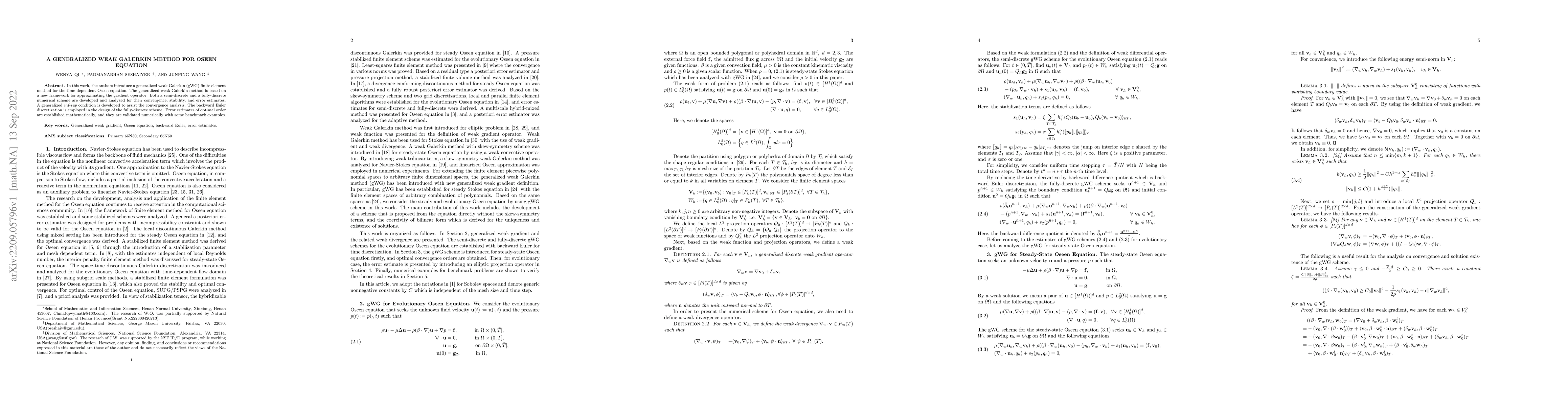 Thumbnail for A Generalized Weak Galerkin method for Oseen equation