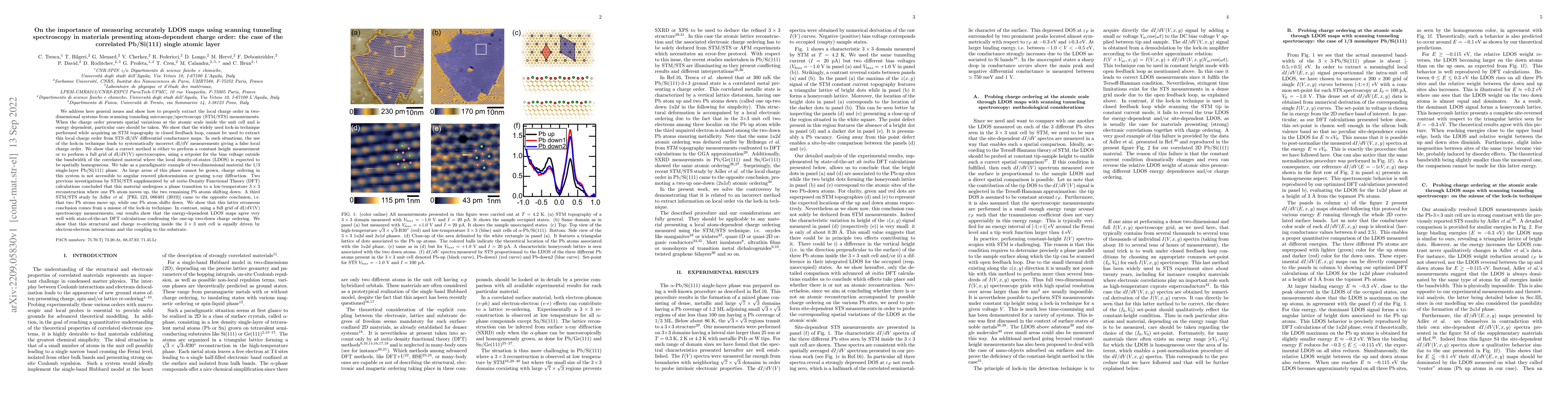 Thumbnail for On the importance of measuring accurately LDOS maps using scanning
  tunneling spectroscopy in materials presenting atom-dependent charge order:
  the case of the correlated Pb/Si(111) single atomic layer