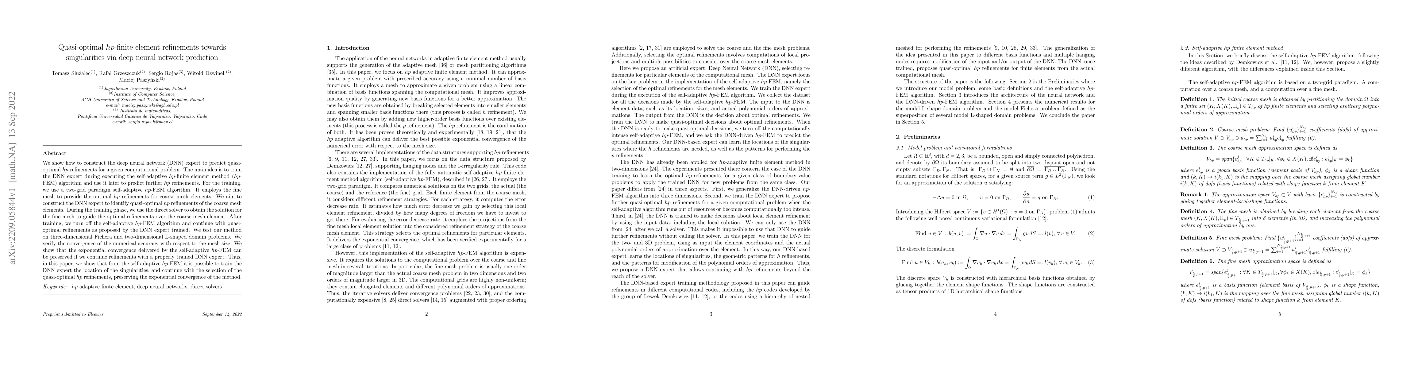 Thumbnail for Quasi-optimal $hp$-finite element refinements towards singularities via
  deep neural network prediction