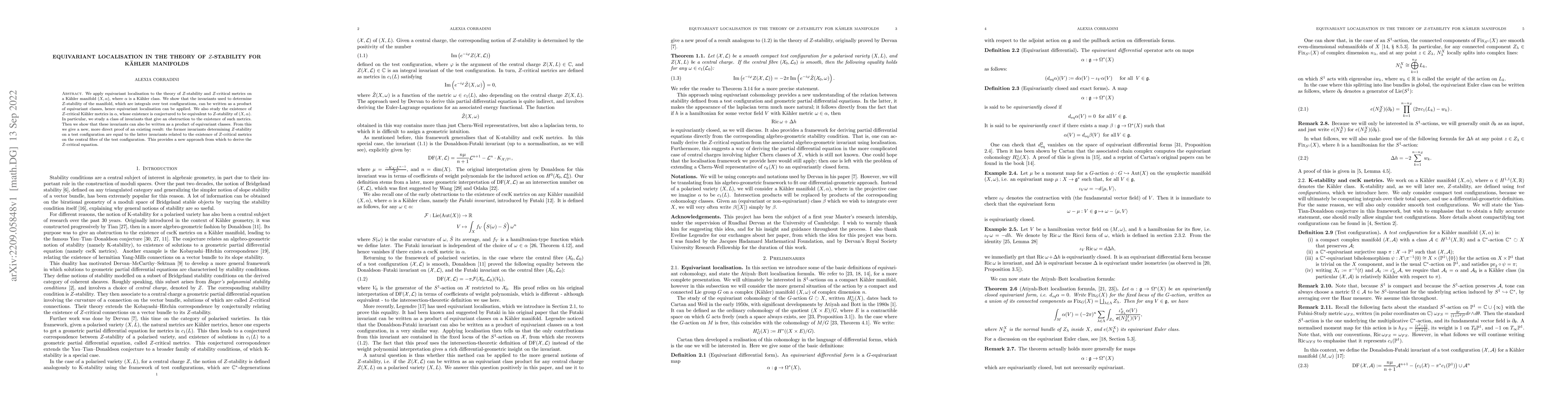 Thumbnail for Equivariant localisation in the theory of $Z$-stability for K\"ahler
  manifolds