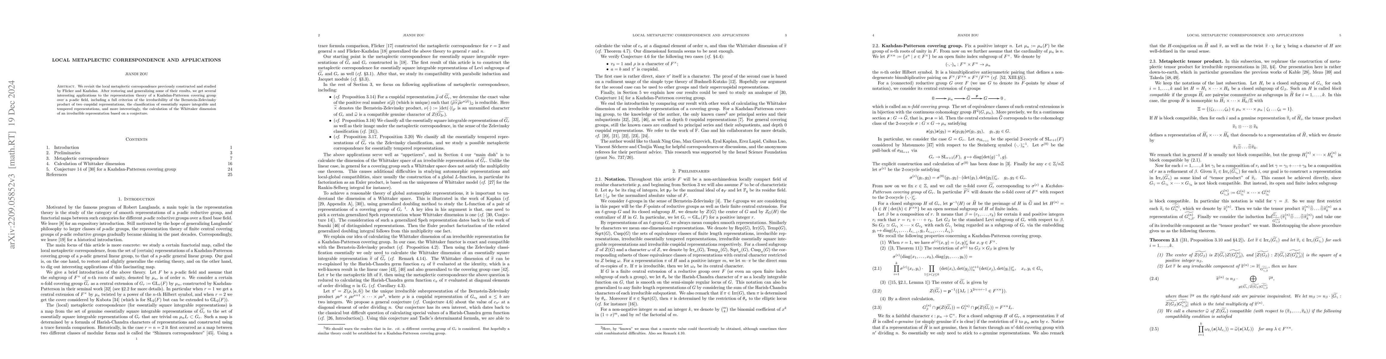 Thumbnail for Local metaplectic correspondence and applications
