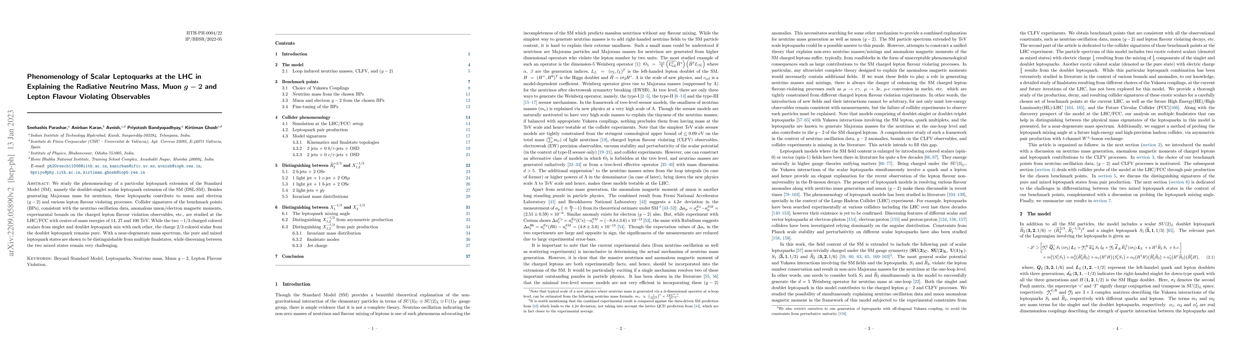 Thumbnail for Phenomenology of Scalar Leptoquarks at the LHC in Explaining the
  Radiative Neutrino Mass, Muon $g-2$ and Lepton Flavour Violating Observables