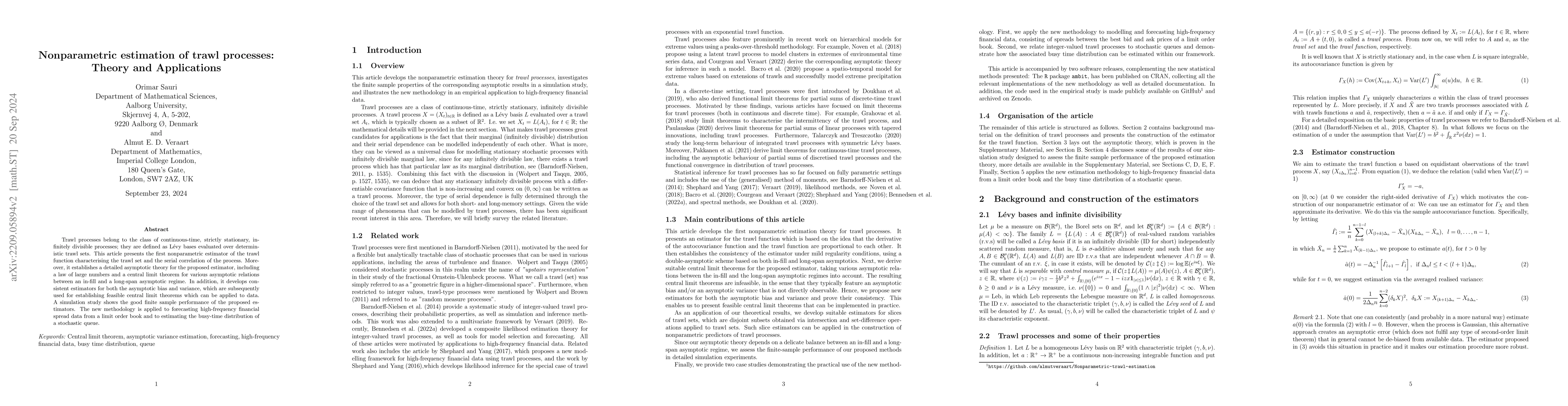 Thumbnail for Nonparametric estimation of trawl processes: Theory and Applications