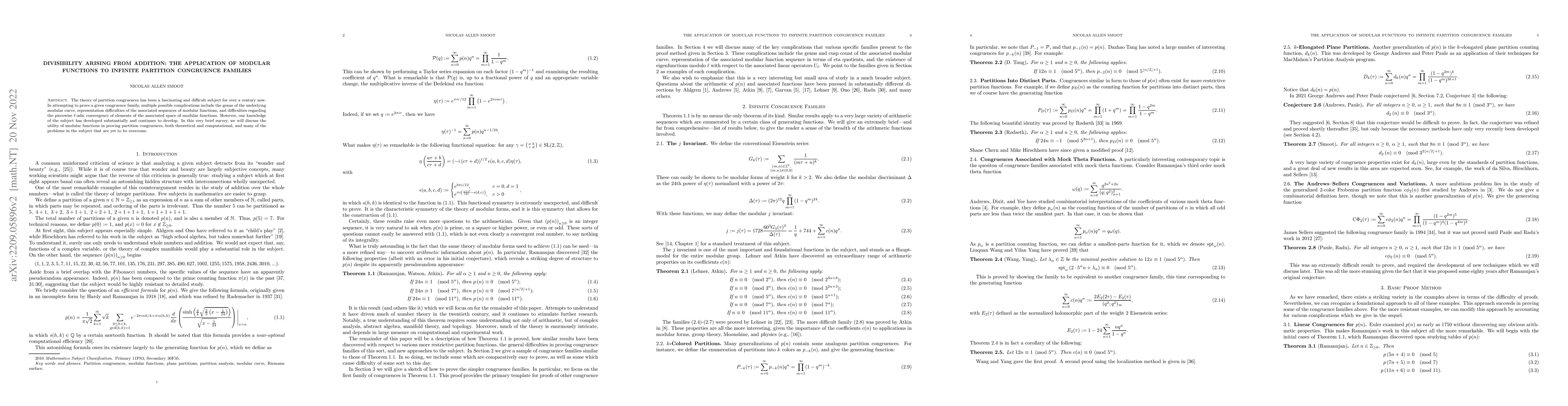 Thumbnail for Divisibility Arising From Addition: The Application of Modular Functions
  to Infinite Partition Congruence Families