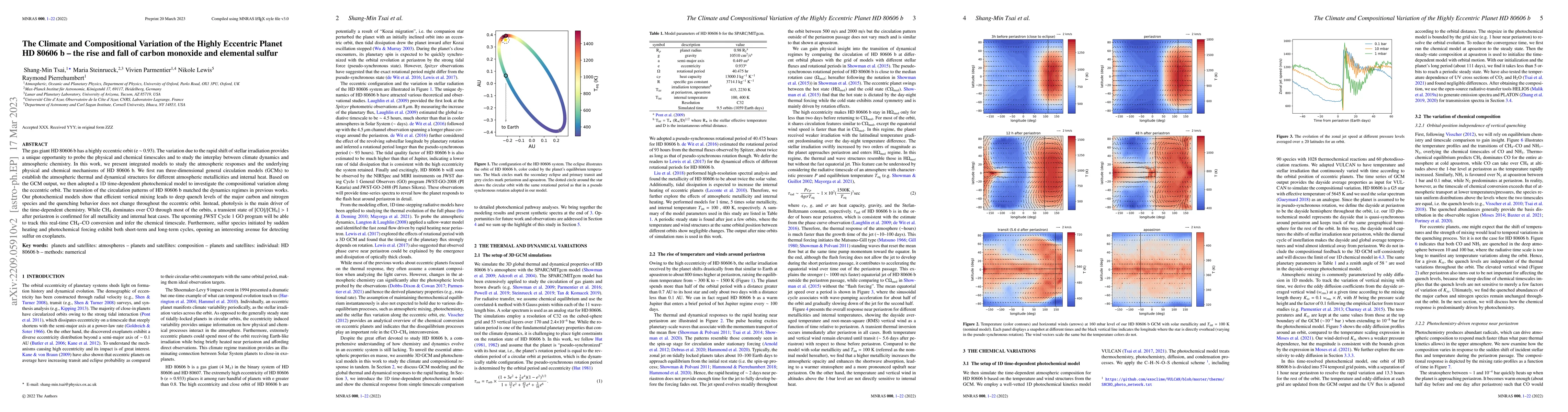 Thumbnail for The Climate and Compositional Variation of the Highly Eccentric Planet
  HD 80606 b -- the rise and fall of carbon monoxide and elemental sulfur