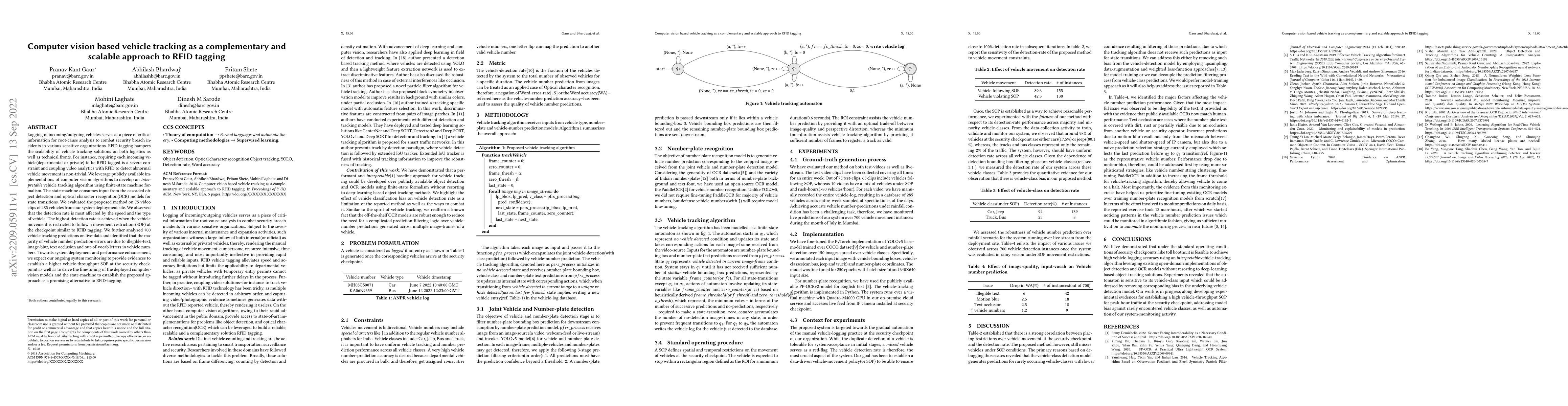 Thumbnail for Computer vision based vehicle tracking as a complementary and scalable
  approach to RFID tagging