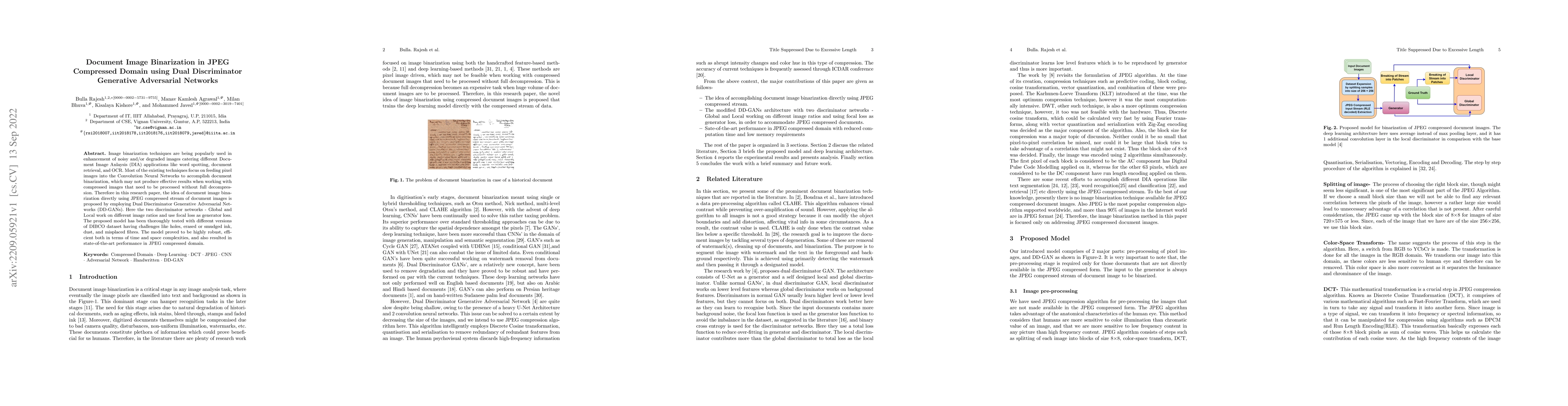 Thumbnail for Document Image Binarization in JPEG Compressed Domain using Dual
  Discriminator Generative Adversarial Networks