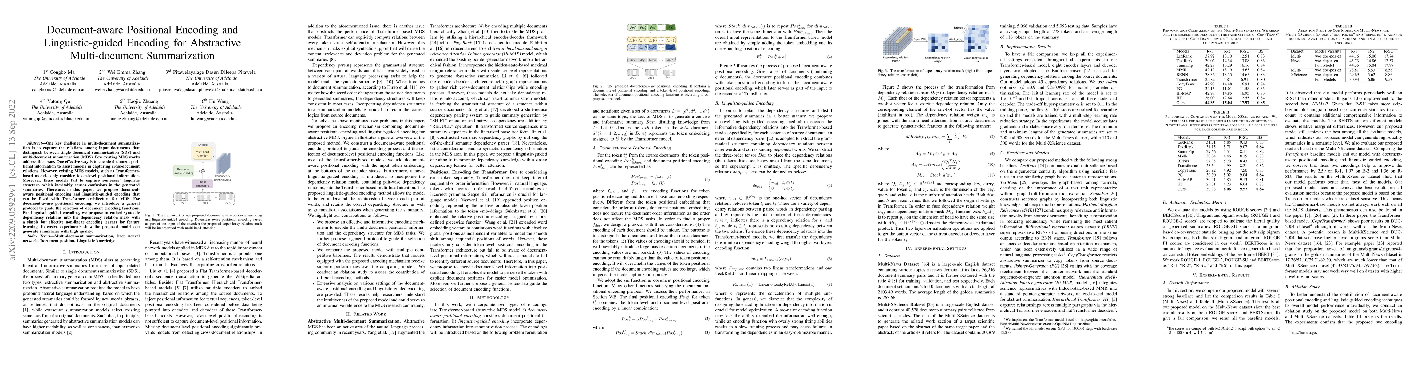 Thumbnail for Document-aware Positional Encoding and Linguistic-guided Encoding for
  Abstractive Multi-document Summarization