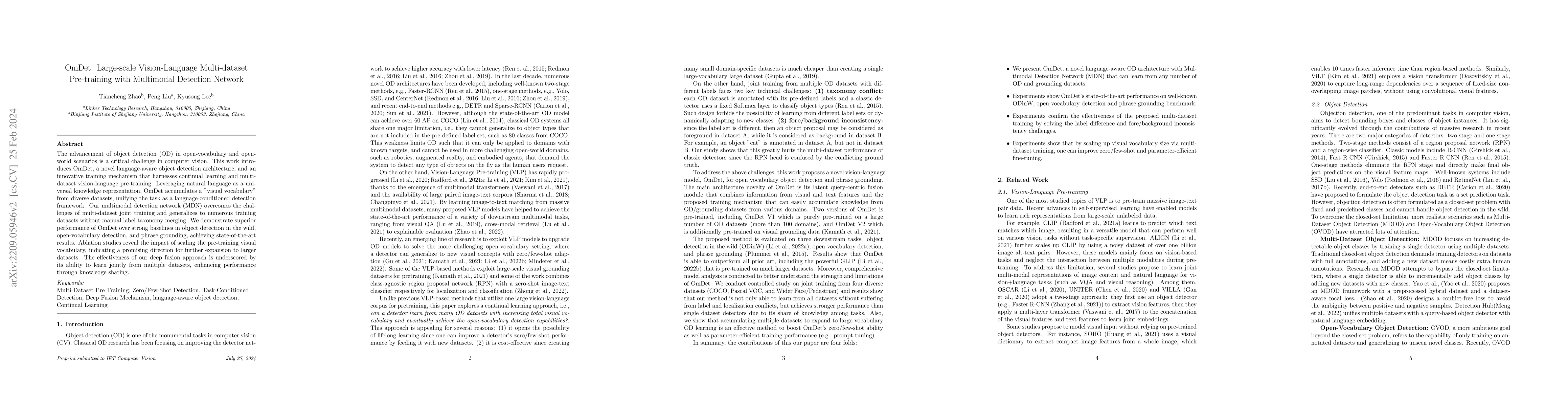 Thumbnail for OmDet: Large-scale vision-language multi-dataset pre-training with
  multimodal detection network