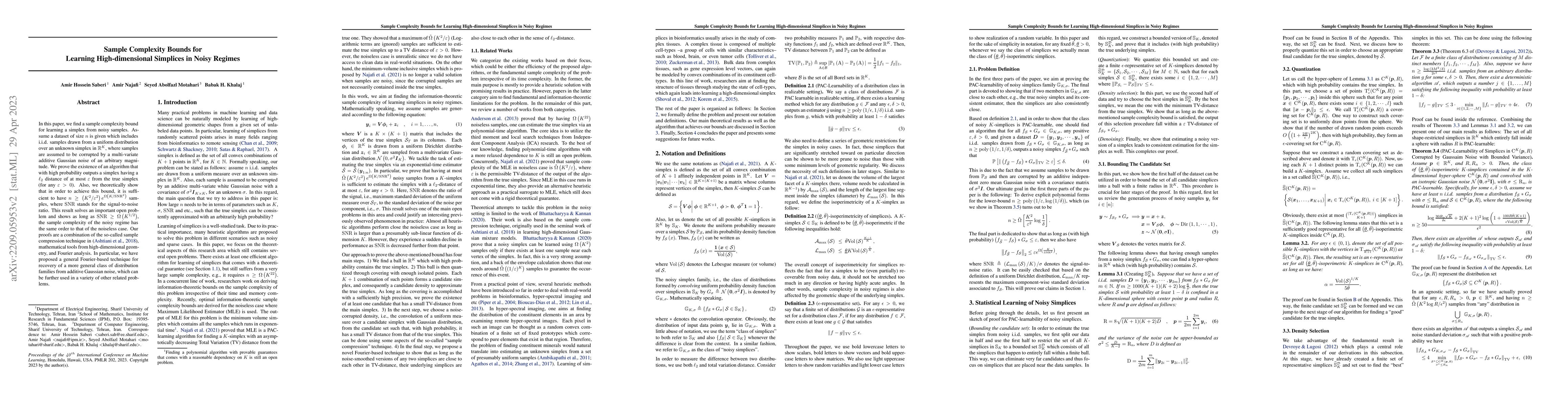 Thumbnail for Sample Complexity Bounds for Learning High-dimensional Simplices in
  Noisy Regimes