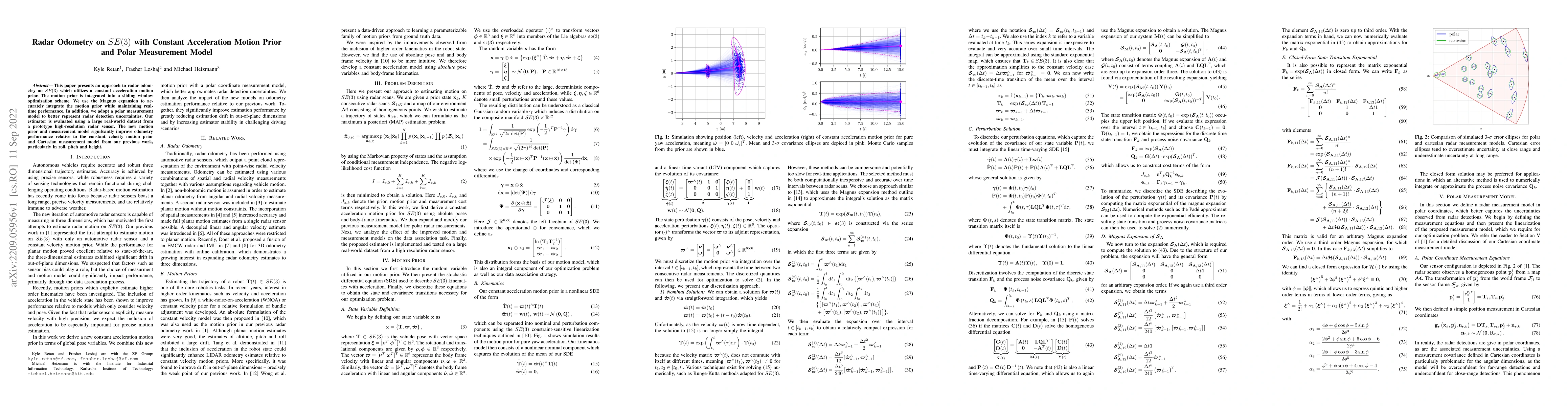 Thumbnail for Radar Odometry on SE(3) with Constant Acceleration Motion Prior and
  Polar Measurement Model