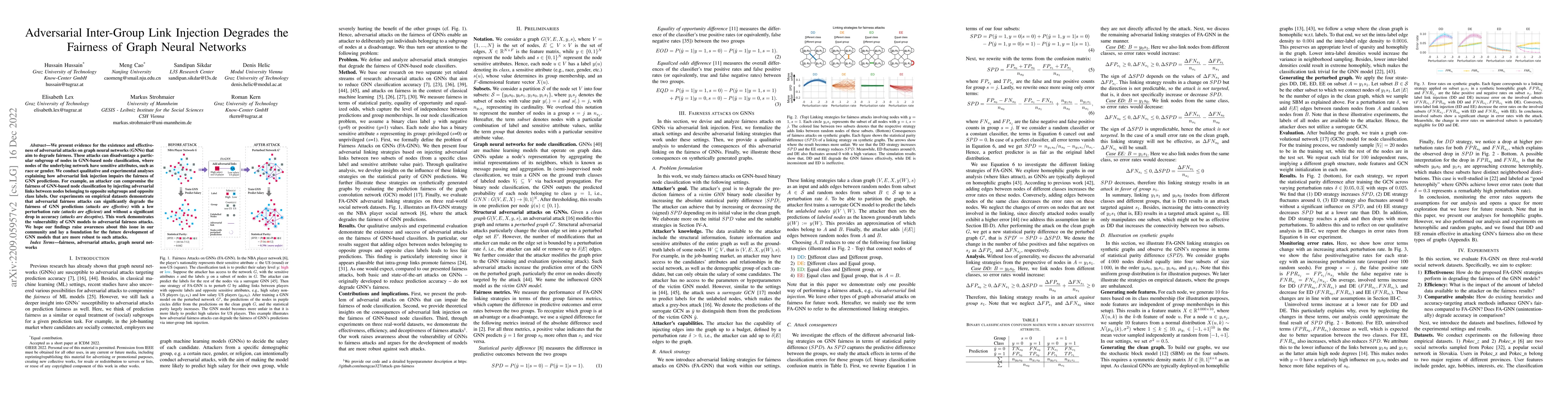 Thumbnail for Adversarial Inter-Group Link Injection Degrades the Fairness of Graph
  Neural Networks