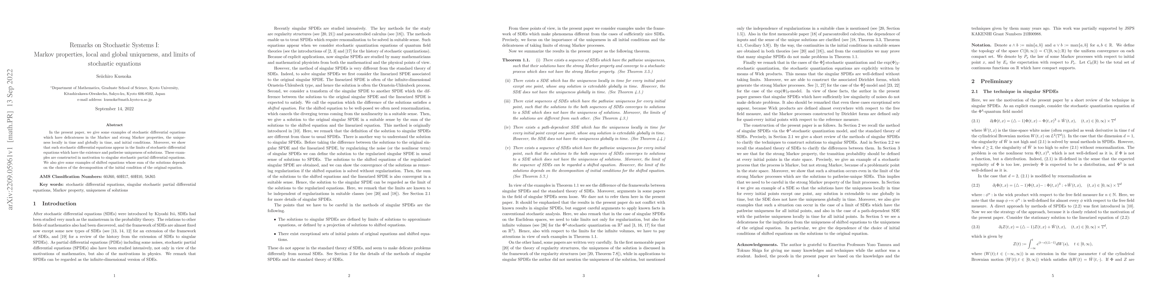 Thumbnail for Remarks on Stochastic Systems I: Markov properties, local and global
  uniqueness, and limits of stochastic equations