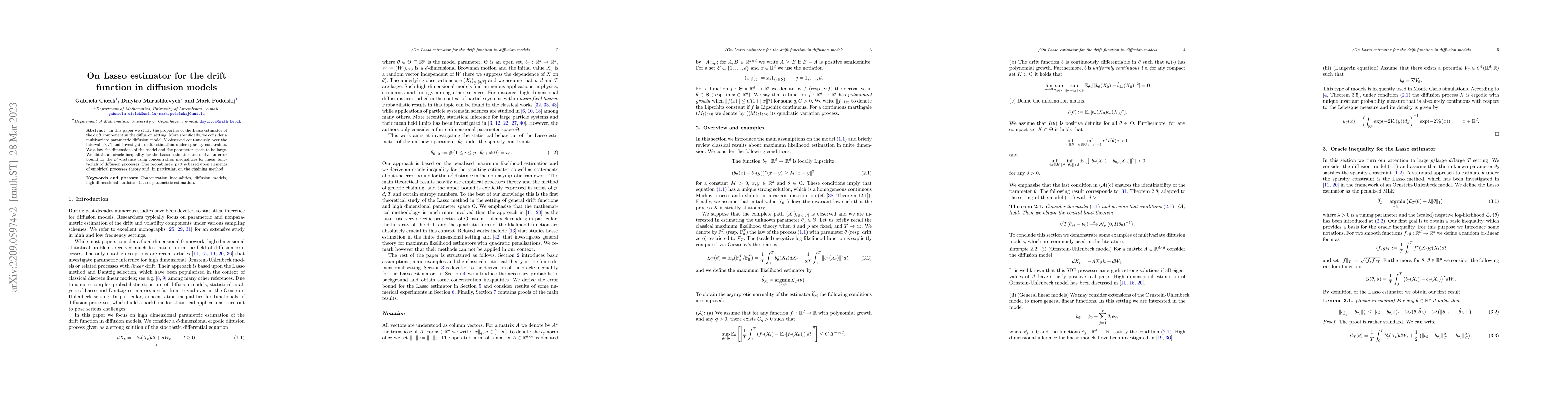Thumbnail for On Lasso estimator for the drift function in diffusion models