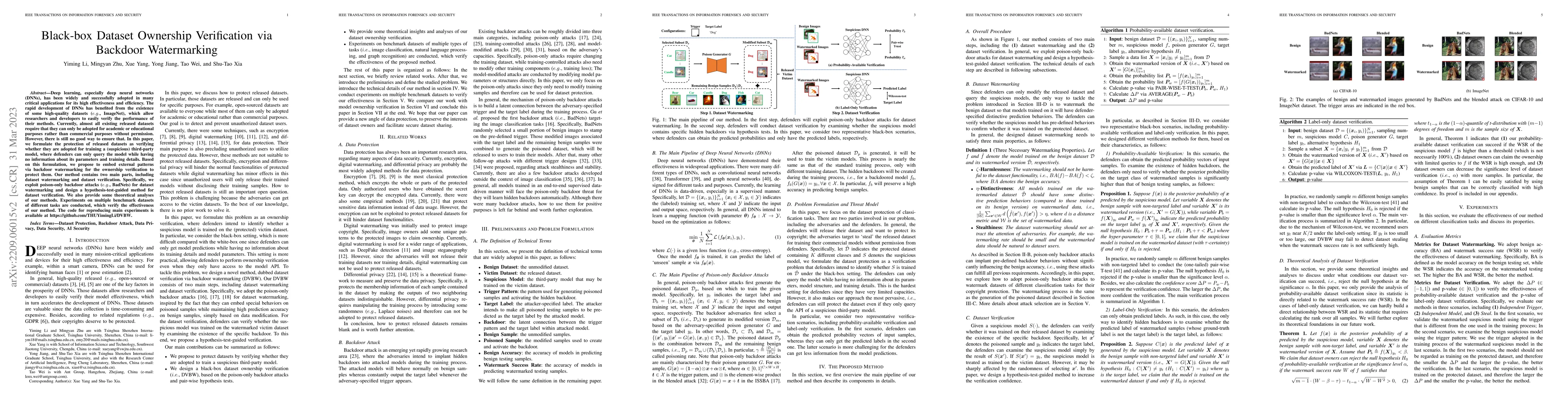 Thumbnail for Black-box Dataset Ownership Verification via Backdoor Watermarking