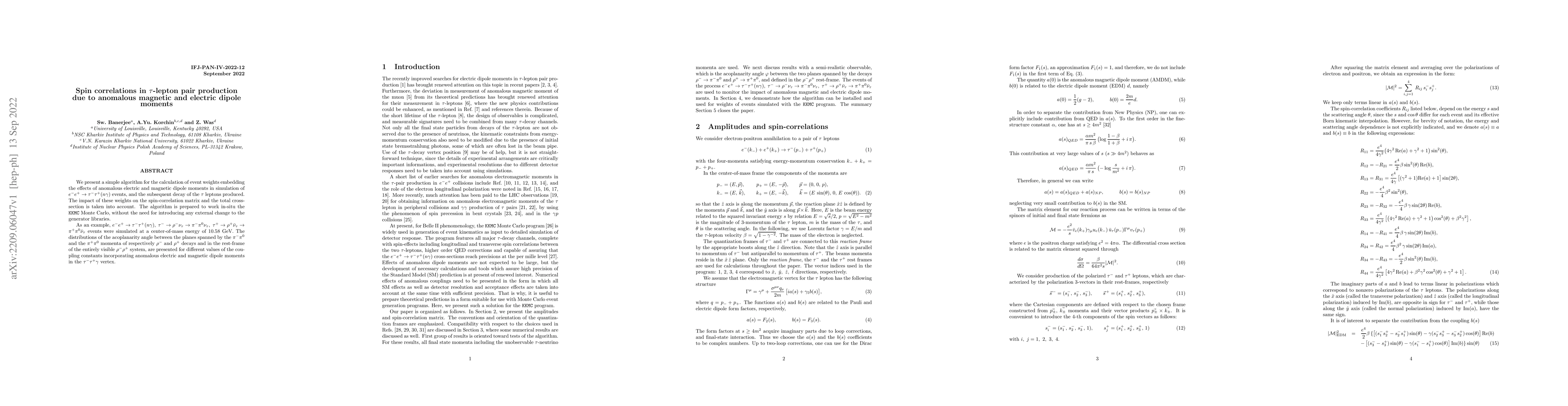 Thumbnail for Spin correlations in $\tau$-lepton pair production due to anomalous
  magnetic and electric dipole moments