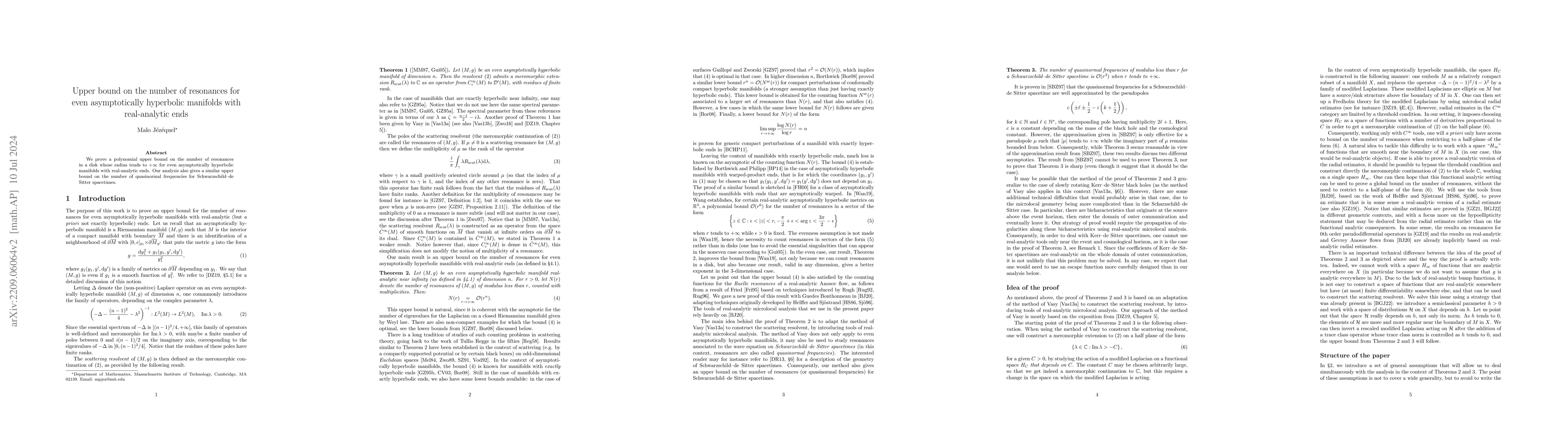 Thumbnail for Upper bound on the number of resonances for even asymptotically
  hyperbolic manifolds with real-analytic ends