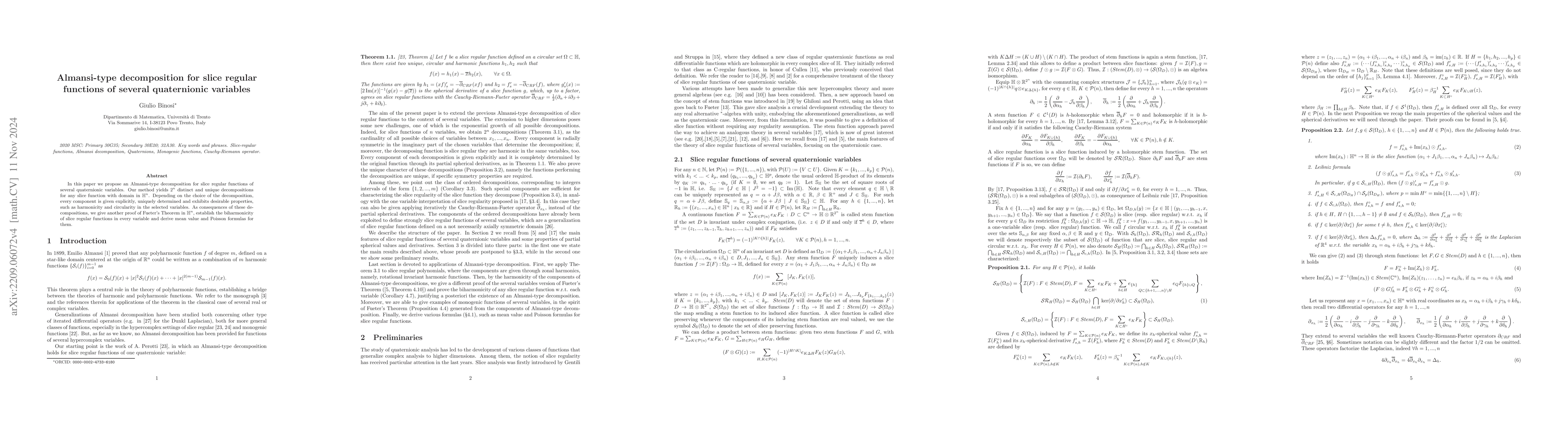 Thumbnail for Almansi decomposition for slice regular functions of several
  quaternionic variables