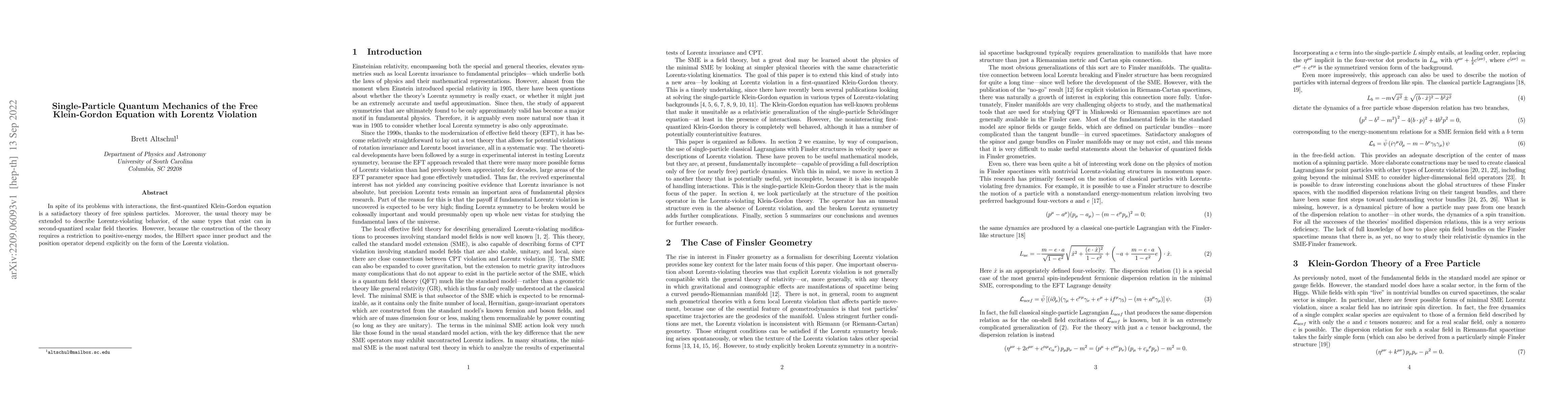 Thumbnail for Single-Particle Quantum Mechanics of the Free Klein-Gordon Equation with
  Lorentz Violation