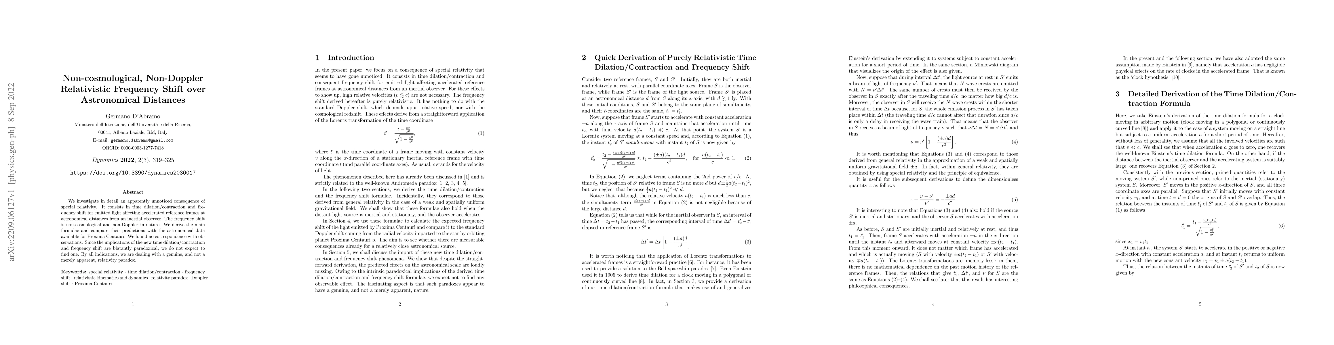 Thumbnail for Non-cosmological, Non-Doppler Relativistic Frequency Shift over
  Astronomical Distances