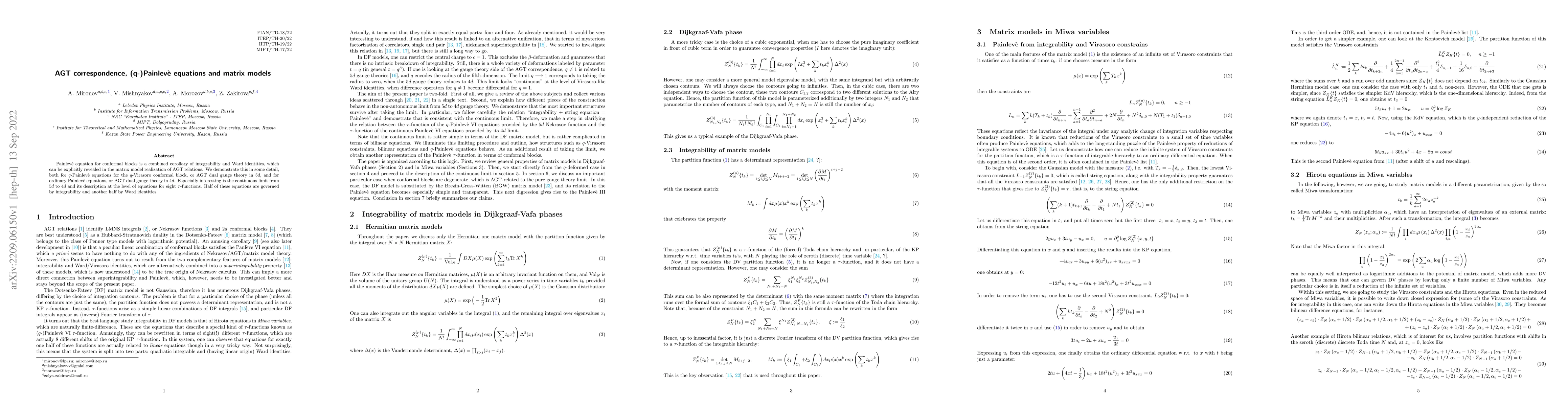 Thumbnail for AGT correspondence, (q-)Painlev\`e equations and matrix models