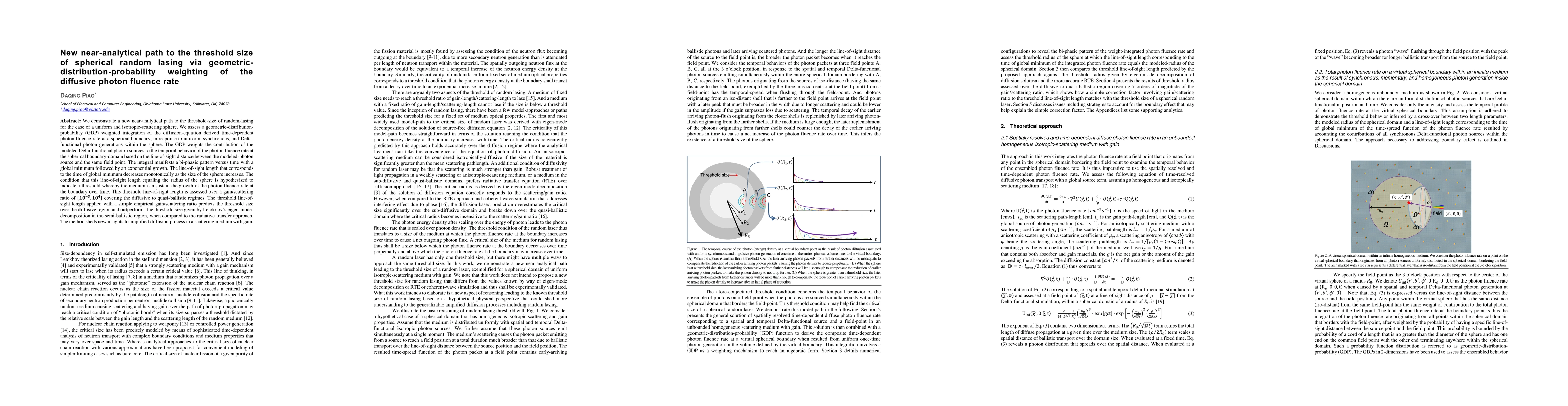 Thumbnail for New near-analytical path to the threshold size of spherical random
  lasing via geometric-distribution-probability weighting of the diffusive
  photon fluence rate