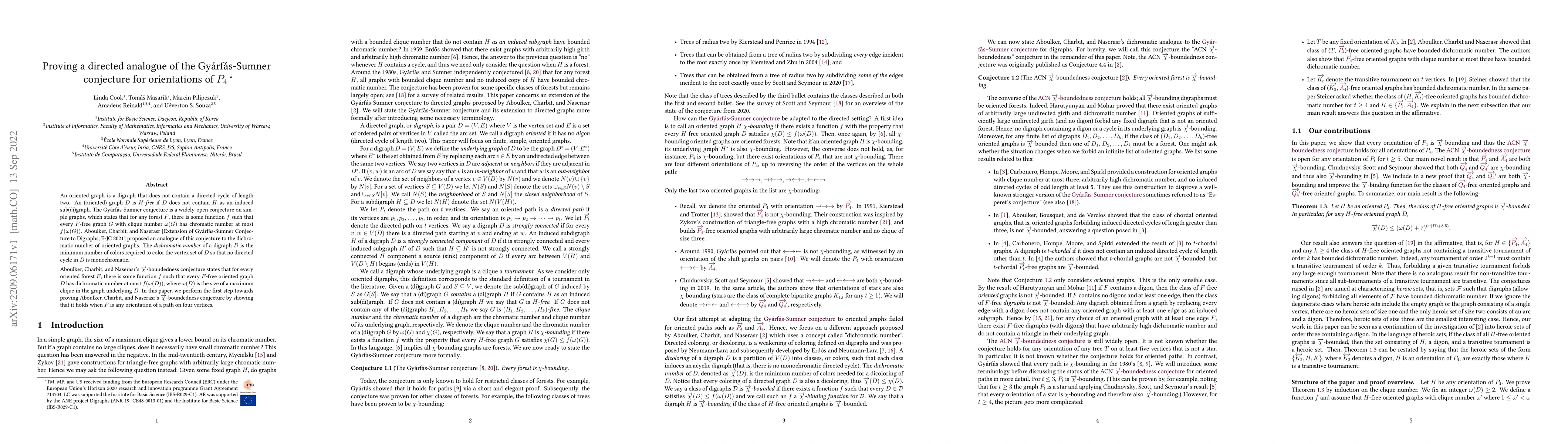 Thumbnail for Proving a directed analogue of the Gy\'arf\'as-Sumner conjecture for
  orientations of $P_4$
