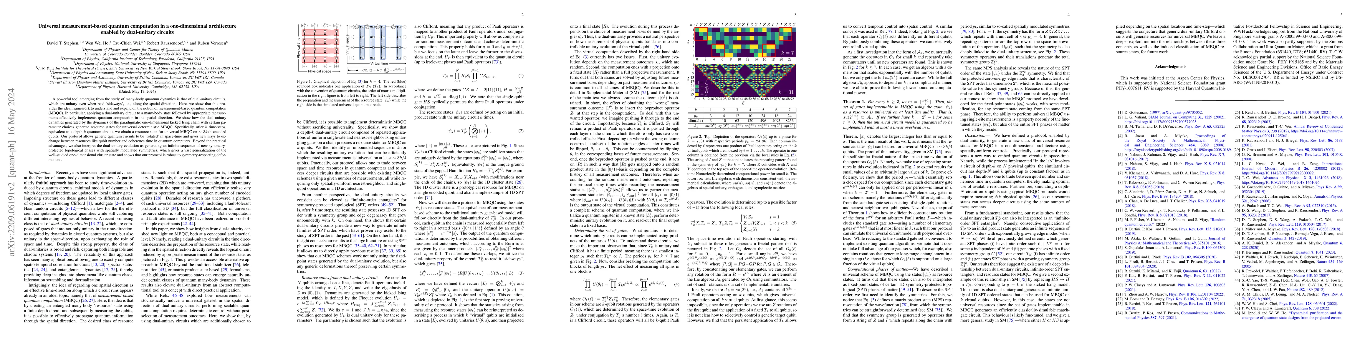 Thumbnail for Universal measurement-based quantum computation in a one-dimensional
  architecture enabled by dual-unitary circuits