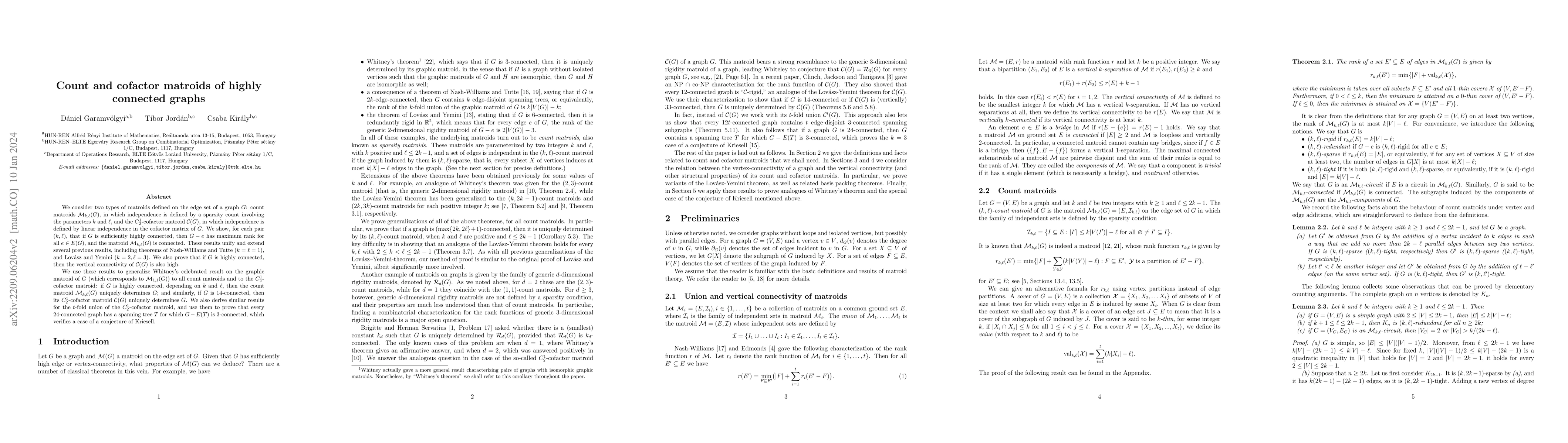 Thumbnail for Count and cofactor matroids of highly connected graphs
