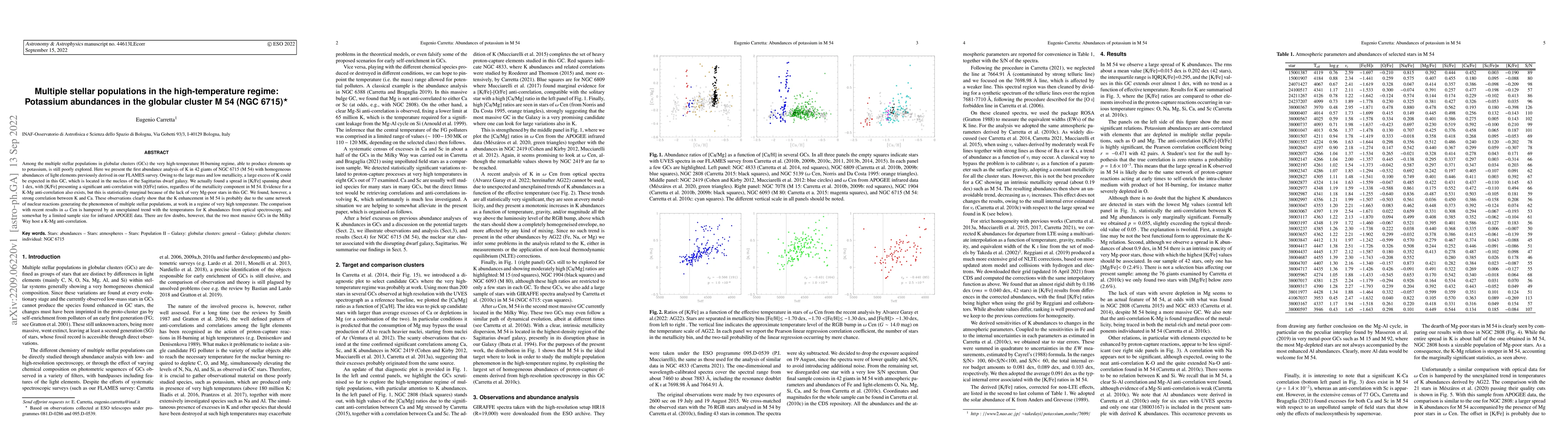 Thumbnail for Multiple stellar populations in the high-temperature regime: Potassium
  abundances in the globular cluster M 54 (NGC 6715)