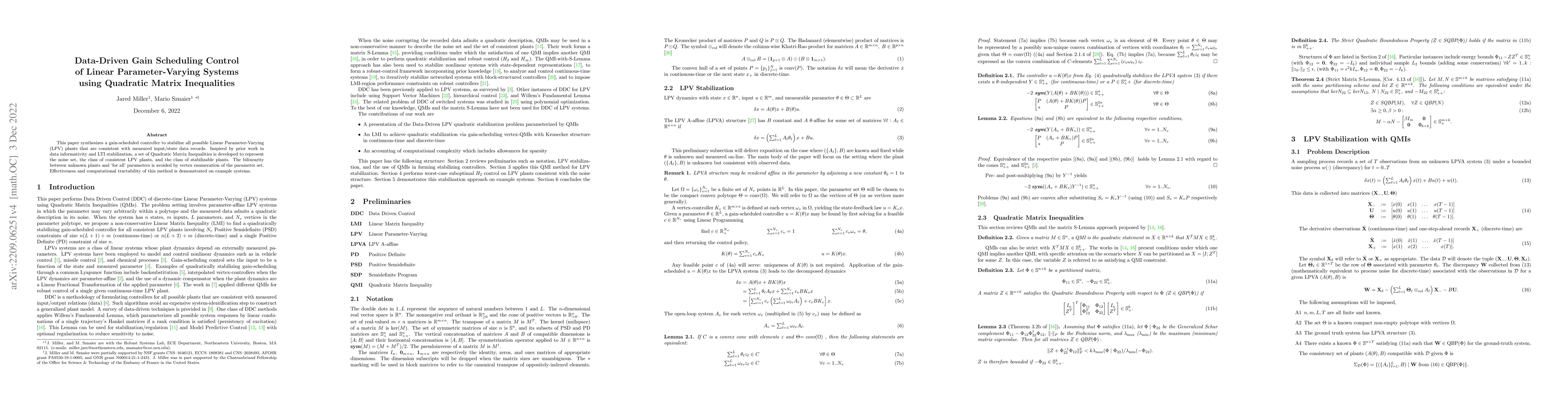 Thumbnail for Data-Driven Gain Scheduling Control of Linear Parameter-Varying Systems
  using Quadratic Matrix Inequalities