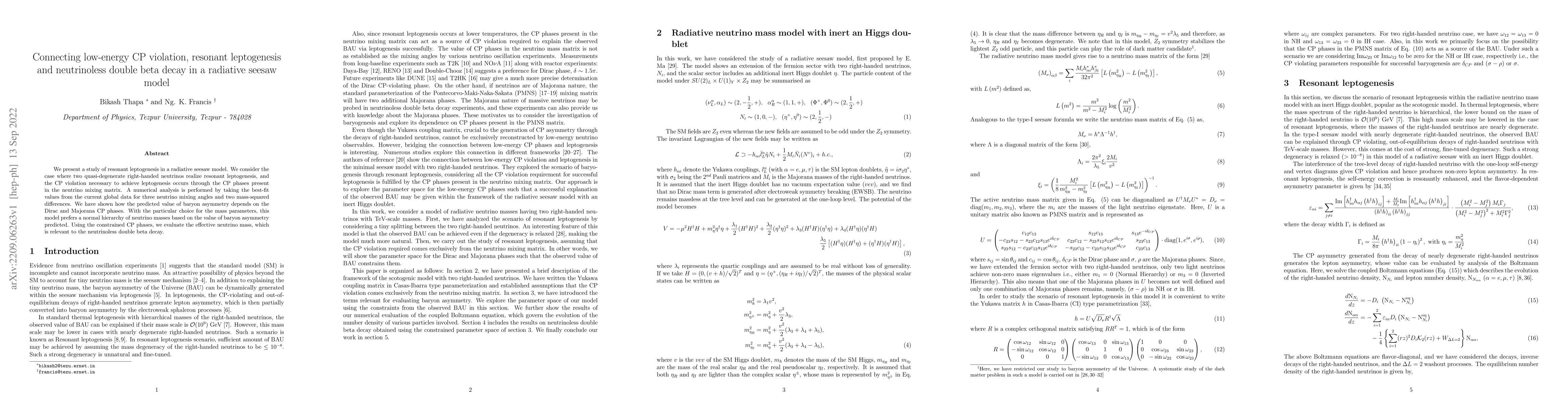 Thumbnail for Connecting low-energy CP violation, resonant leptogenesis and
  neutrinoless double beta decay in a radiative seesaw model