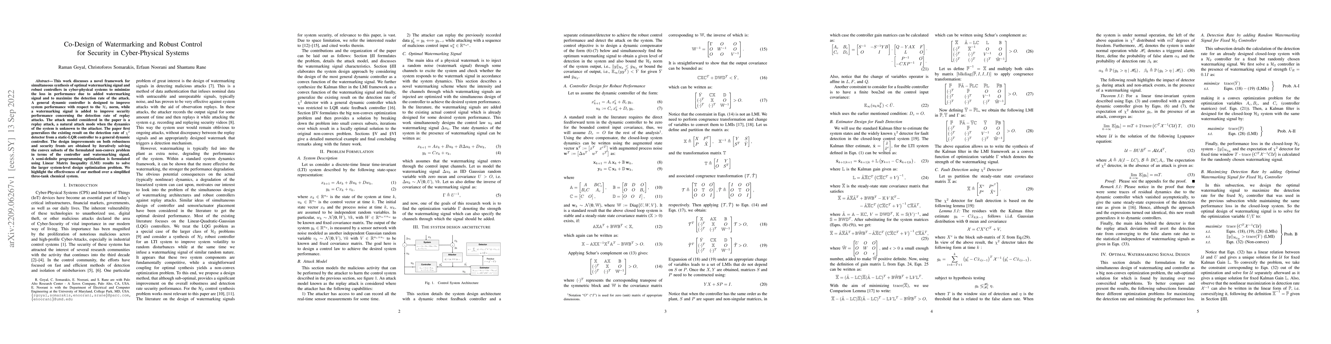 Thumbnail for Co-Design of Watermarking and Robust Control for Security in
  Cyber-Physical Systems