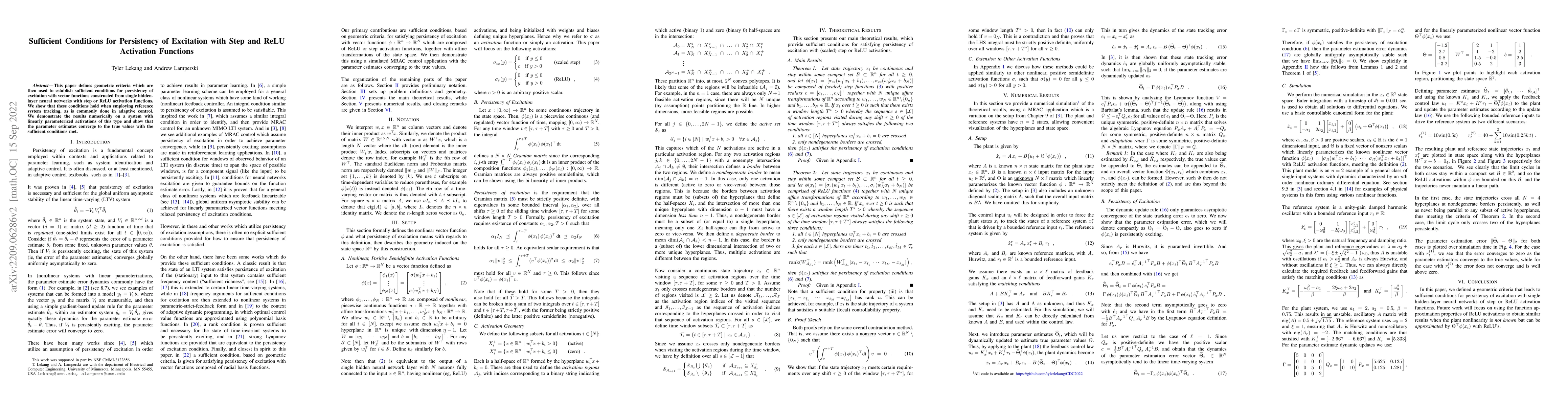 Thumbnail for Sufficient Conditions for Persistency of Excitation with Step and ReLU
  Activation Functions