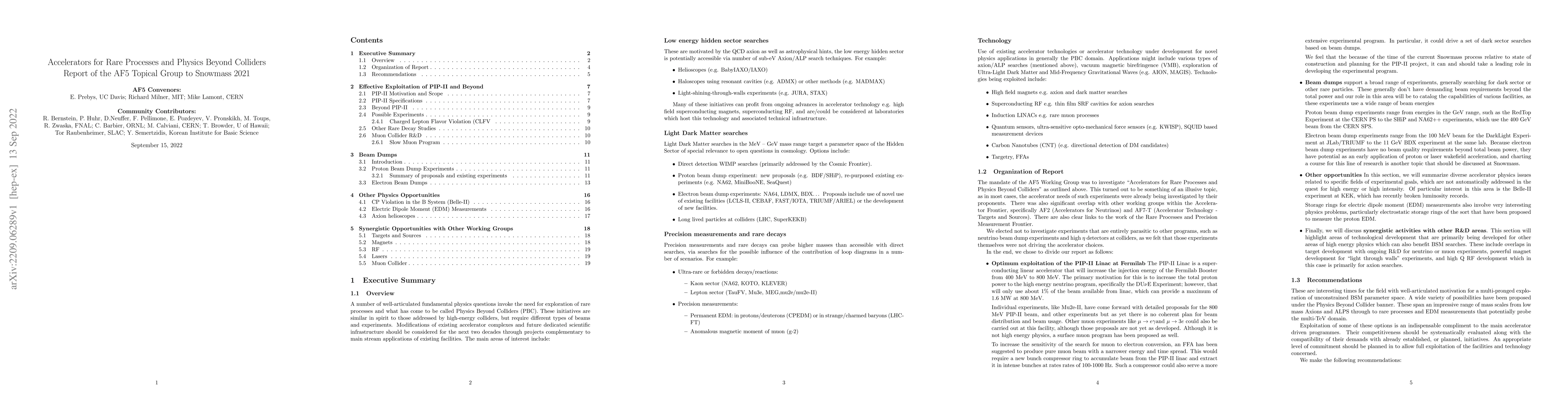 Thumbnail for Accelerators for Rare Processes and Physics Beyond Colliders: Report of
  the AF5 Topical Group to Snowmass 2021