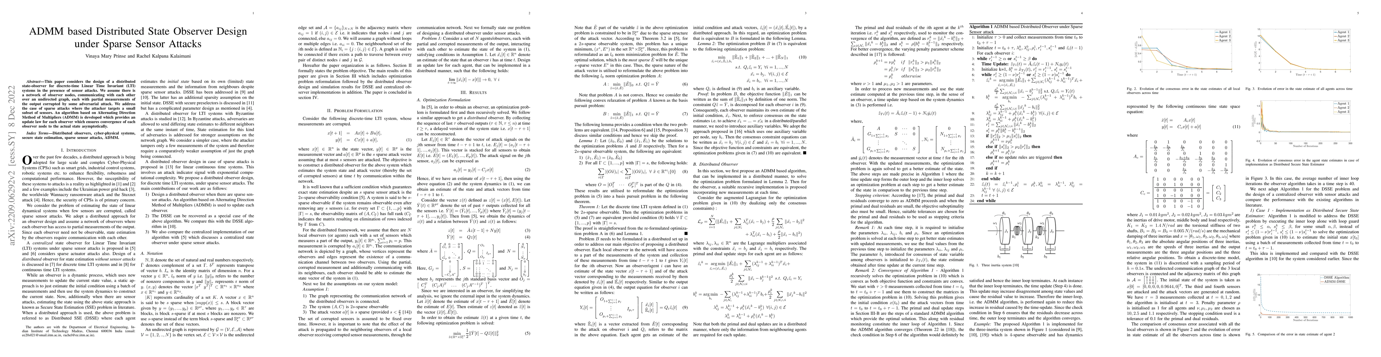 Thumbnail for ADMM based Distributed State Observer Design under Sparse Sensor Attacks