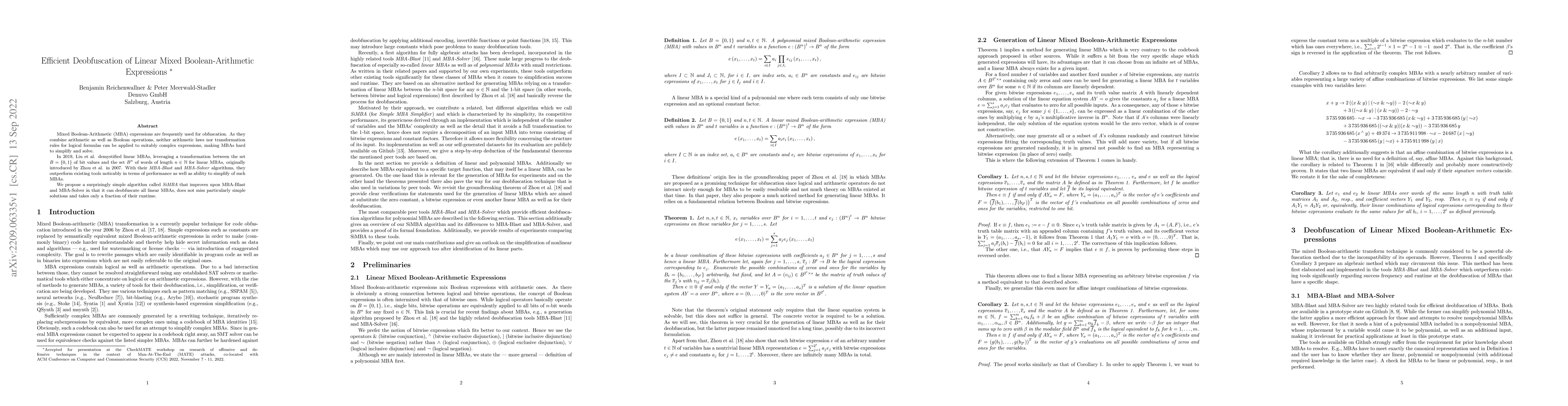 Thumbnail for Efficient Deobfuscation of Linear Mixed Boolean-Arithmetic Expressions