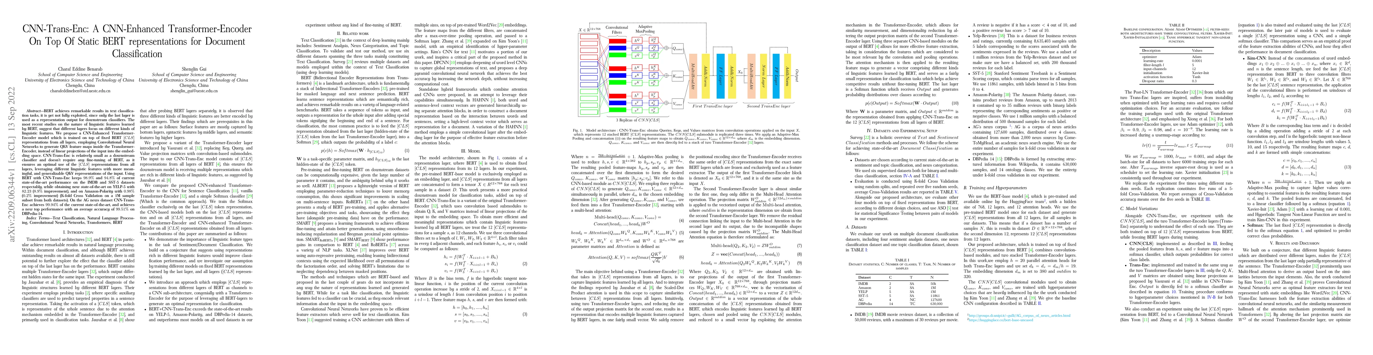 Thumbnail for CNN-Trans-Enc: A CNN-Enhanced Transformer-Encoder On Top Of Static BERT
  representations for Document Classification