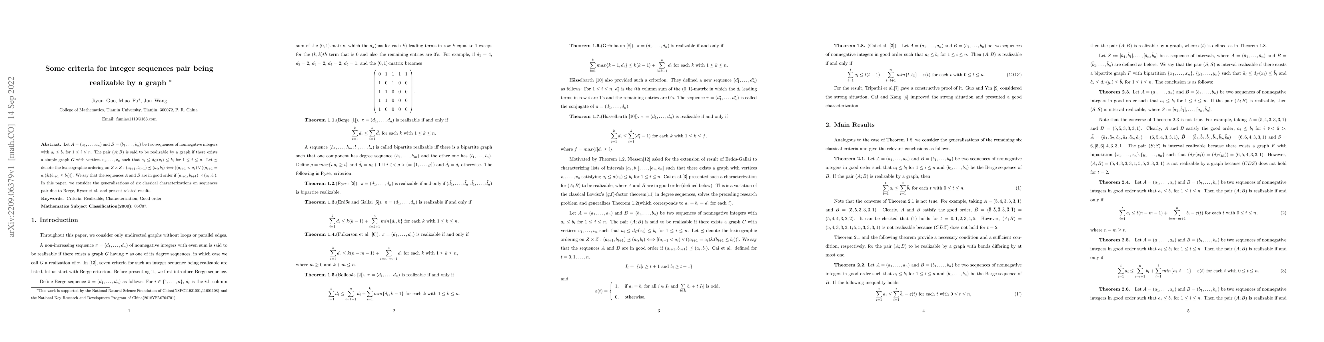 Thumbnail for Some criteria for integer sequences pair being realizable by a graph