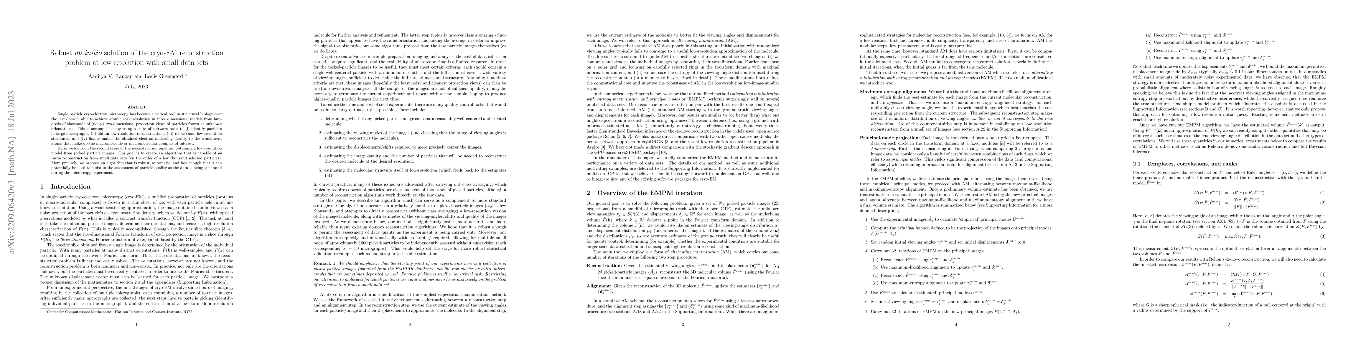 Thumbnail for Robust ab initio solution of the cryo-EM reconstruction problem at low
  resolution with small data sets