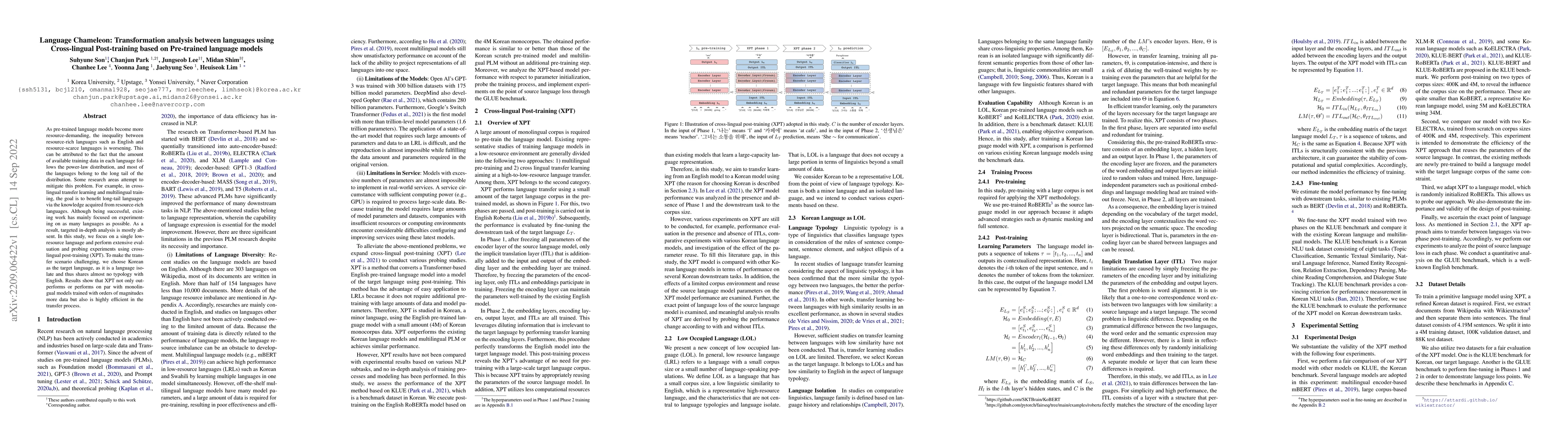 Thumbnail for Language Chameleon: Transformation analysis between languages using
  Cross-lingual Post-training based on Pre-trained language models