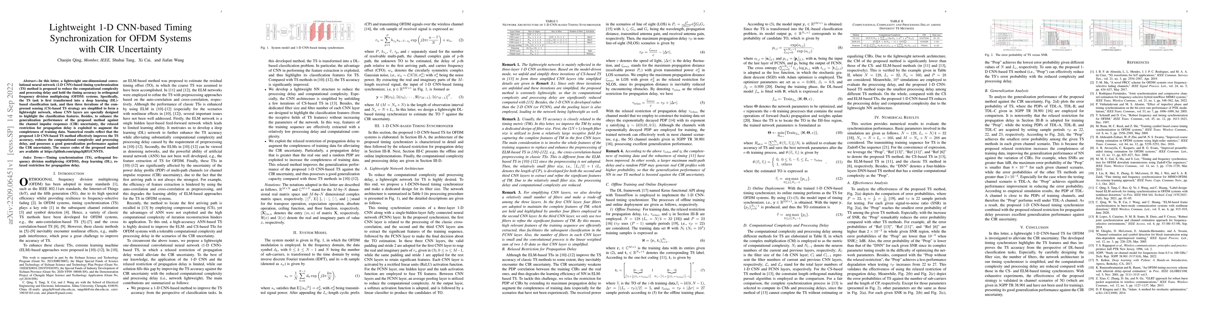Thumbnail for Lightweight 1-D CNN-based Timing Synchronization for OFDM Systems with
  CIR Uncertainty