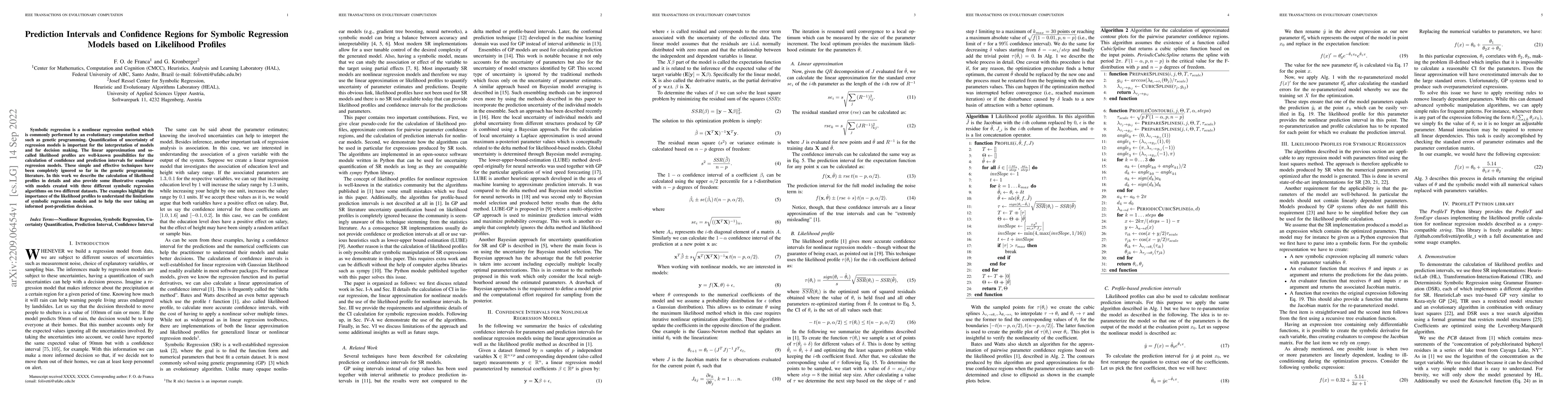 Thumbnail for Prediction Intervals and Confidence Regions for Symbolic Regression
  Models based on Likelihood Profiles
